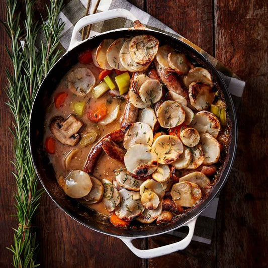 sausage mushroom and jerusalem artichoke hotpot