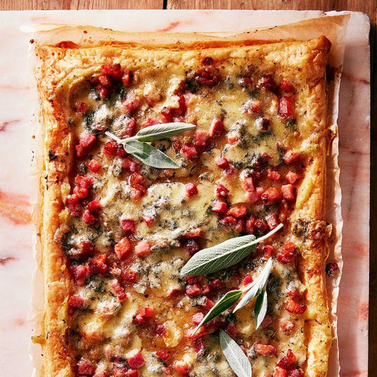 apple, pancetta and maple tart