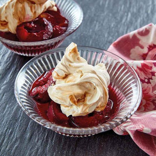 Roast Plums with Rum, Ginger & Treacle Cream