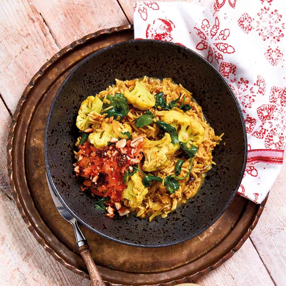 Cauliflower Biriyani with Sweet Carrot Relish